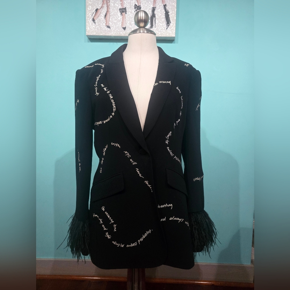 Cinq à Sept Feather Trim Embroidered Love Letter Blazer - 150th Anniversary Excl